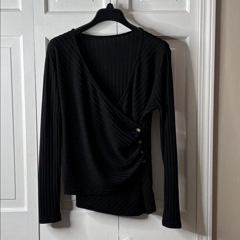 Surplice Ribbed Long-Sleeve Top in Black